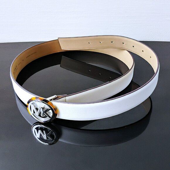 Michael Kors Women\'s Monogram Logo Silver Buckle Leather Belt in Beautiful White